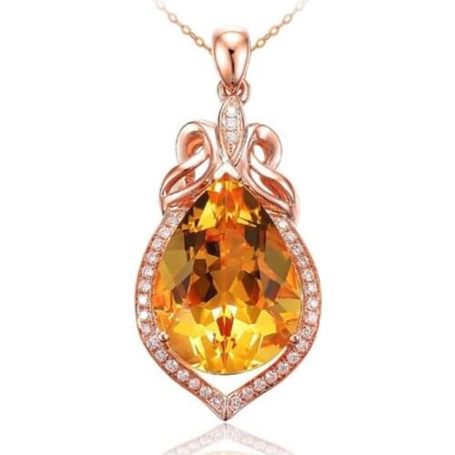 Rose Gold Color Yellow Citrines Crystal Water Drop Pendant Link Chain Necklace for Elegant Women Jewelry
