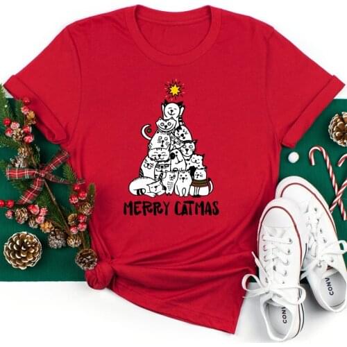 Colored Merry Catmas 100% Cotton T-shirt Cute Christmas Vacation Tshirt Women Winter Short Sleeve Cat Mom Holiday Top Tee Shirt