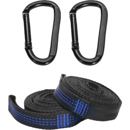 ELOS-2 PCS Outdoor Hammock Strap Double Ring with D-Shaped Steel Buckle Carabiner Blue