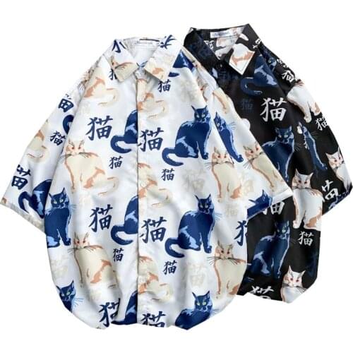 Fashion Mens Shirts Korean Style Streetwear Cat Flower Shirt Male Casual Men Clothing Summer Trends Men Shirts