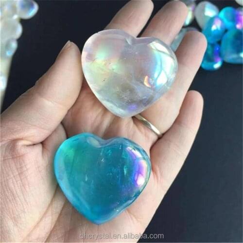 Customize Angel Rainbow Aura Clear Quartz Crystal Heart shaped gemstone healing stones for gift