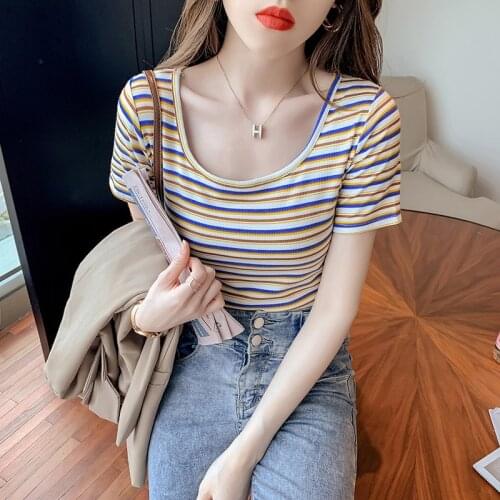 Summer New Tshirt Korean Fashion Female Tops new rainbow stripe Short sleeve T Shirt Women Short 2021 women fashion clothing