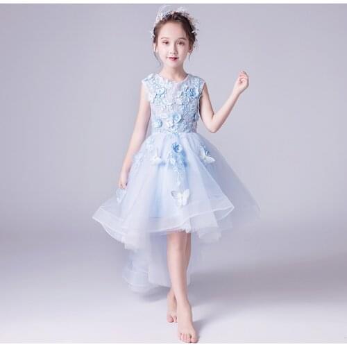 New Blue Tulle Flower Girl Dresses for Wedding Beaded Party Baby Baptism Birthday Dresses Floral kids First Communion Gown
