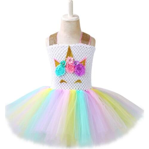 Princess Girls Cartoon Unicorn Party Dress Costume For Birthday Halloween Cute Kid Baby Flower Girls Rainbow Tulle Tutu Dress