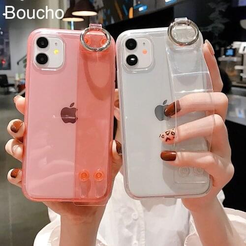 Transparent Candy colors Fashion Wrist Strap Phone Case For iphone SE 11 pro XS MAX XR X 6 6S 7 8 Plus 11pro Phone Holder Cover