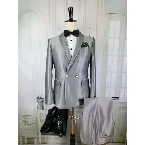 Silver Suit Mens Wedding Suits 2021 Prom Party Groom Tuxedos 2 Piece Set Slim Fit Business Male Suit (Blazer+Pants)