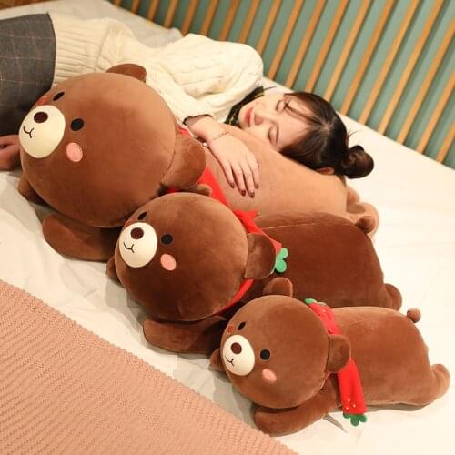 Nice Cute Plush Brown Strawberry Lying Bear Soft Stuffed Long Bedroom Sofa Cushion Home Deocr Children Toys For Kids Gifts