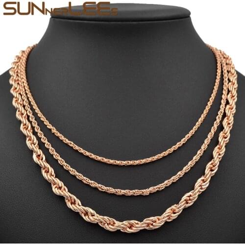 SUNNERLEES Fashion Jewelry 2mm~5mm Rope Twisted Chain Necklace Rose Gold Color For Men Women Gift C104 N