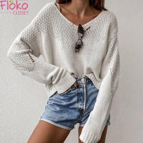 Flokocloset Loose V-Neck Long Sleeve Knnitted Sweater Streetwear Solid Oversized Jumpers Women Fall Pullover Tops