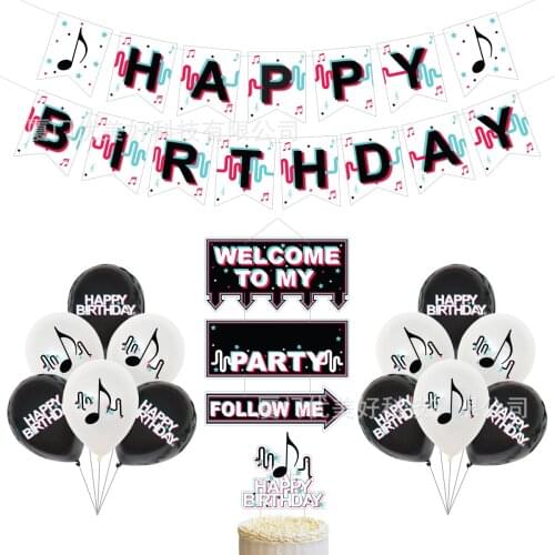 TIK Theme Birthday Printing Banner Balloon Cake Topper Music Sign Flags Toppers Decor Video for Short Video Party Supplies