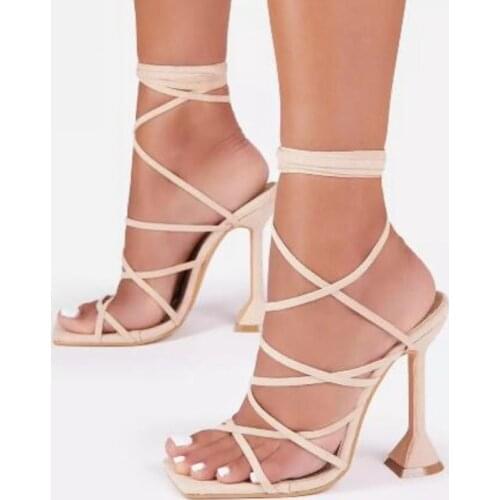 Sexy Women Slippers Party Stripper Shoes Summer Sandals Fashion Open Toe Ankle Cross Lace-Up Ladies Metal Stiletto Heels Size 42