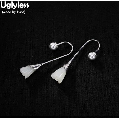 Uglyless Women Elegant White Jade Flower Earrings Handmade Solid 925 Silver Fine Jewelry Gemstones Magnolia Floral Earrings Gems