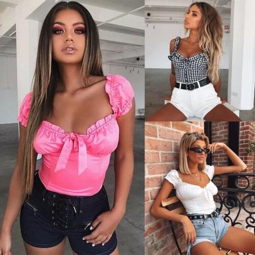 Sexy Women Slim Bow Crop Tops Short Sleeves Ruffles V-Neck Bodycon T-Shirts Bare Belly Tee Clubwear Summer Lady Clothing