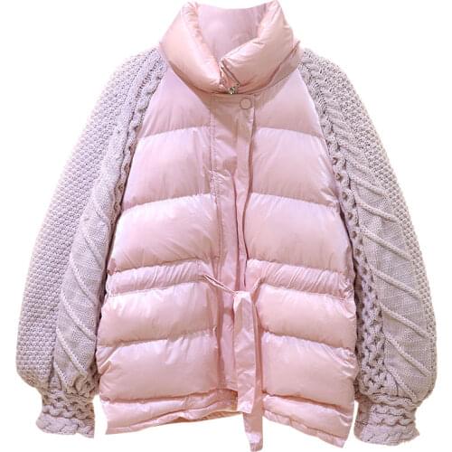 2021 Winter Coat fashion Knitted Lantern Sleeve Women Down cotton Jacket Casual Stand Collar Windproof Warm Female Loose Outwear