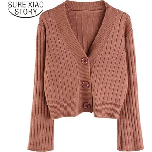 Autumn Women Long Sleeve Button Cardigan Sweaters Solid V Neck 2021 Knitted Sweater Women Korean Fashion Clothing Sweaters 11639
