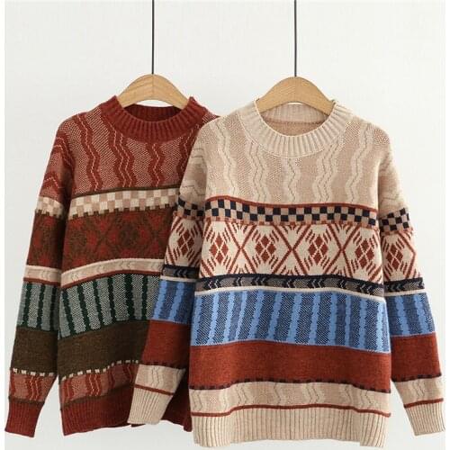 2020 Vintage Pullover Pattern Knittwear O-neck Sweater Women Streetwear Sweater Hip Hop One size Couple Casual Retro Sweaters