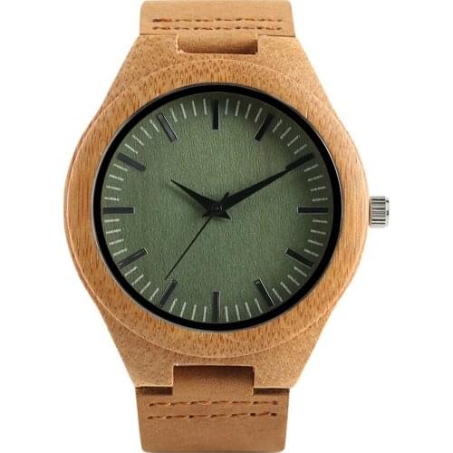 Elegant Bamboo Wood Mens Wristwatch Leather Strap Green / Brown Round Dial Simple Design Hot Sale Man Woman Cool Birthday Gifts