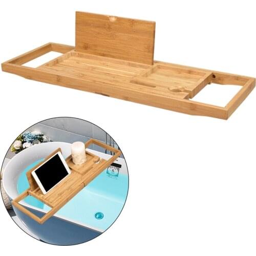 Wooden Bath Caddy Tray Bamboo Bathtub Book Wine Candle Holder Shelf Bridge Rack Adjustable Expandable