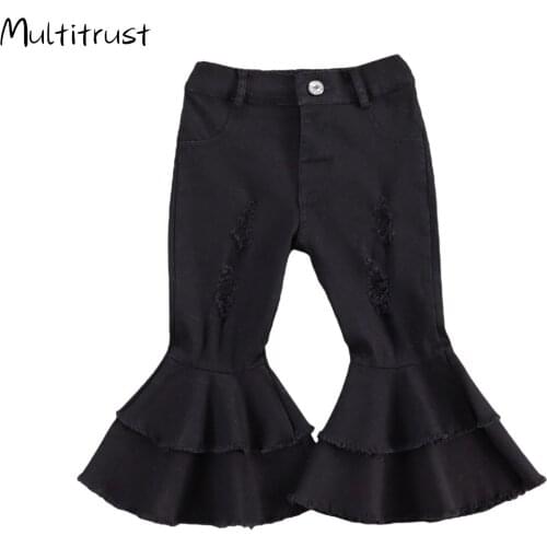 Children Girls Jeans Toddler Baby Kids Children Girls Clothes Bell Bottom Hole Ripped Ruffles Flare Denim Jeans Pants Trousers