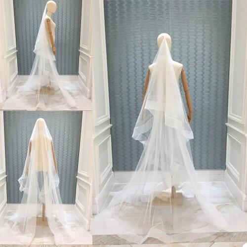 Real Picture Bridal Veils Ribbon Edge Wedding Wraps White Ivory Soft Tulle White Ivory Two Layer With Comb