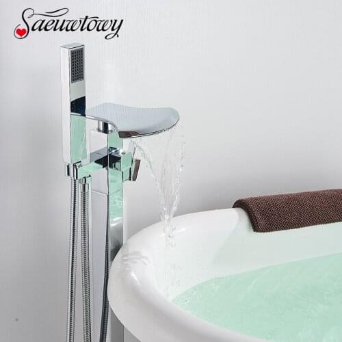Chrome Waterfall Floor Standing Bathtub Faucet Bathroom Shower Set Standing Bathtub Tap With Hand Shower Hot Cold Water Mixer