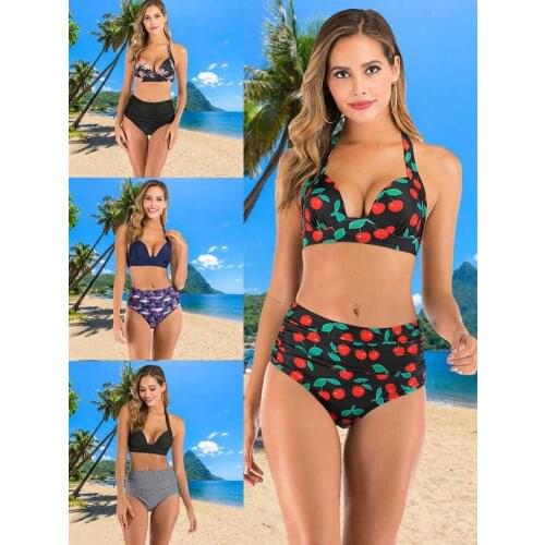 Bikini Swimsuit Mid-Waist Bikini Sets Swimsuit Women Sexy Lace Up Two Pieces Swimwear Beach Bathing Suits Plus Size