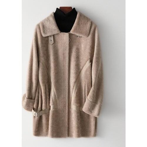 Simple Thick Warm Female Winter Windproof Jacket Beige Casual Medium Length Wool Fur Coat Womens Spring Composite Fur One Coat