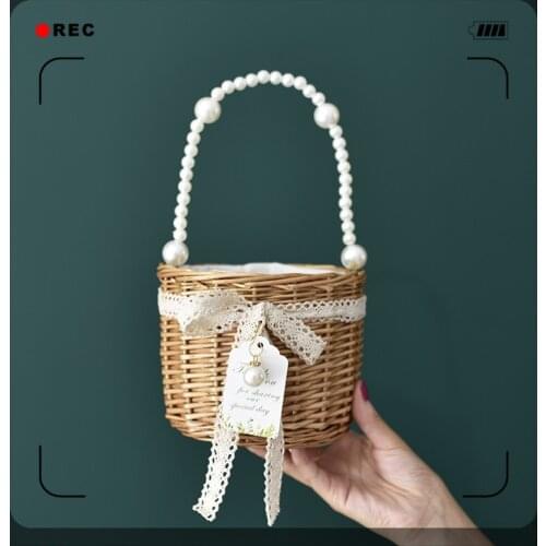 Summer Small Rattan Willow Pearls Bucket Bag Versatile Grass Woven Bag Fashion Women Beach Handbag