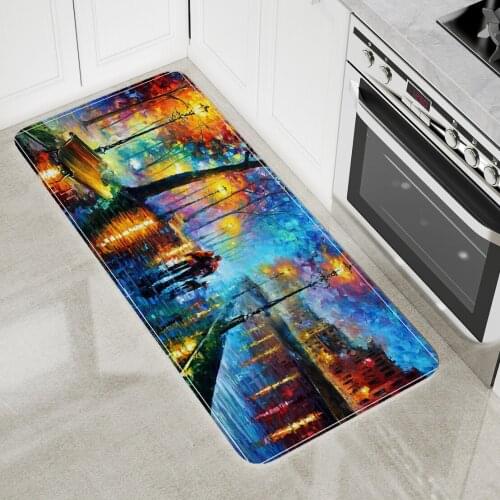 Oil Painting Scenery Mat Night Street Lamp Pedestrian Dog Entrance Doormat Home Hallway Floor Decor Living Room Carpet Bath Rug