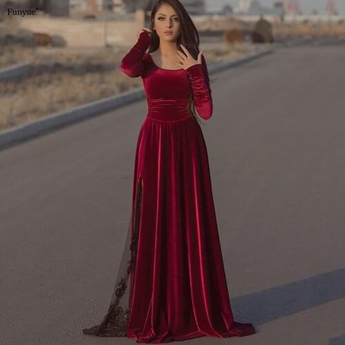 Charming Long Sleeve Formal Evening Dress 2021 New Arrival Elegant O-Neck Black Lace Velvet Party Gowns A-Line Vestido De Festa