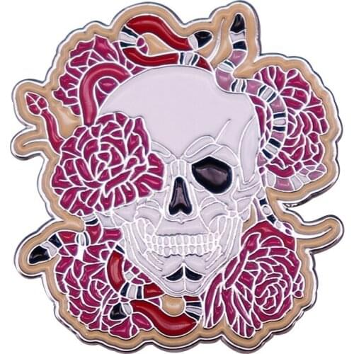 Pink roses Snake Flowers Skull Brooch Pin