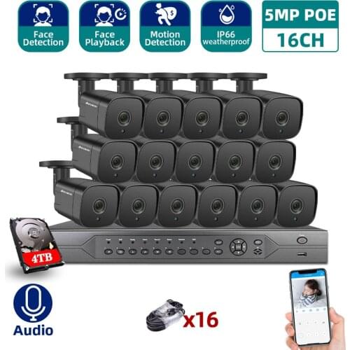 16CH 4K Ultra HD POE Network Video Security System 5MP H.265+ NVR With 16pcs 5MP Audio IP Outdoor Camera Security Kit