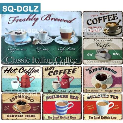 [SQ-DGLZ]Hot Hot Coffee Metal Sign Builders Tea Plates Freshly Brewed Wall Decor Espresso Tin Signs Retro Plaque