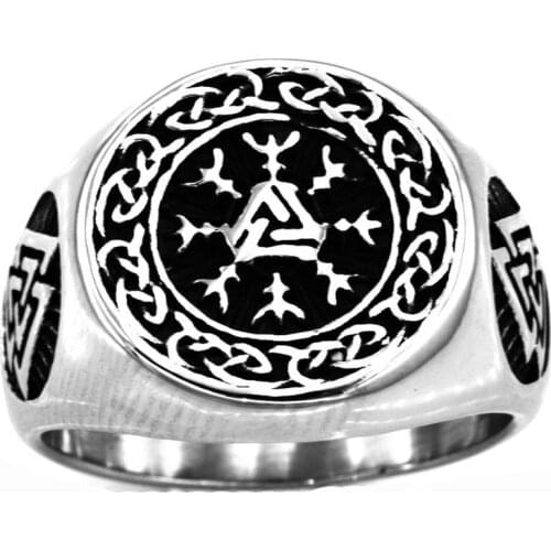 FANSSTEEL Stainless Steel Jewelry Vegvisir Helm of Awe Viking valknut Knot of the slain ValKnot Ring FSR20W95