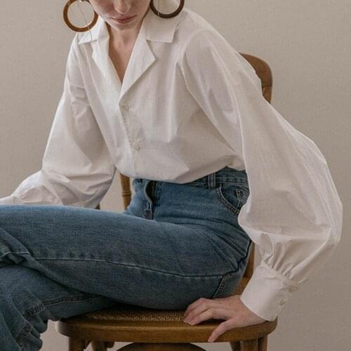 Vintage Lantern Sleeve White Shirt Women 2021 Single-breasted Cotton Shirt Tops Female Plus Size Casual Shirts Fashion 13476