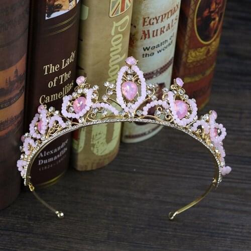 FORSEVEN Cute Pink Crystal Beads Women Girl Princess Bridal Bride Tiaras Crowns for Wedding Birthday Pageant Hair Ornament