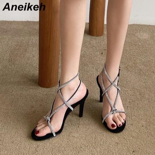 Aneikeh Shoes For Women 2021 Summer Bling PU Sandalias Sexy Black Thin Heels Ankle Strap Polka Dot Buckle Elegant Party Shoes