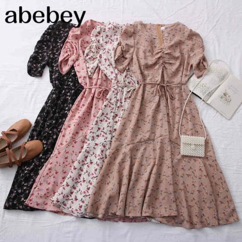 2021 New Spring Summer Retro All-match V-neck floral print Dress ruched waist bandge strap Short Sleeve Dress