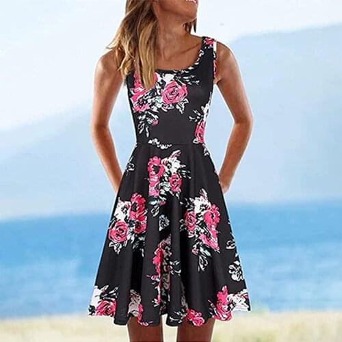 Sleeveless U-neck A-line Dress Women Elegant Summer Flower Printed Plus Size Mini Dresses Female Vestidos vetement femme 2021