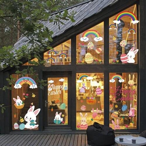 1 Set Happy Easter Window Sticker Bunny Pattern Glue-free PVC Easter Static Sticker for Refrigerator Wall Door Decor Decoration