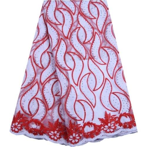 New Arrival Red Color African Guipure Cord Lace Fabric High Quality French Milk Silk Lace Fabric With Stones For Dresses 1565
