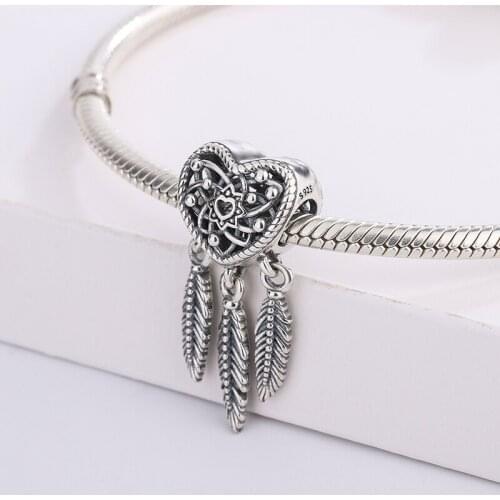 2021 New Sterling Silver Openwork Heart & Three Feathers Dreamcatcher Pendant Charms Bracelet DIY Jewelry Making For Pandora