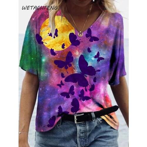 Womens Blouse Butterfly 3D Animal Printed V Neck Short Sleeve Spring Female Casual Loose Tops Shirts Tunic Large Size Clothing