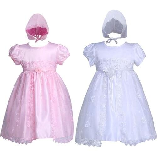 Baby Girl Baptism Dress White Lace Bead Embroidered Christening Gown with Hat 1st Birthday Wedding Flower Outfits for Child Bebe