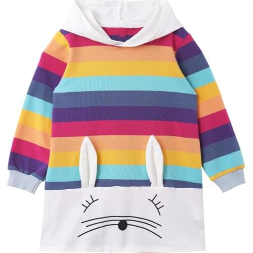 Toddler Girls Long Hoodie Tops 2021 Autumn Winter Cute Rabbit Rainbow Stripe Cartoon Dress Kid Baby Warm Sweatshirt Girl Outfits