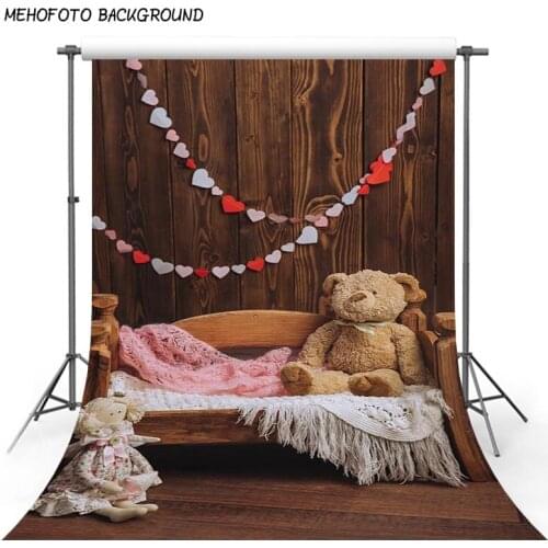 Baby Shower Photography Background Newborn Dark Wood Wall White Blankets Photography Backdrop Teddy Bear Kids Photo Studio Props