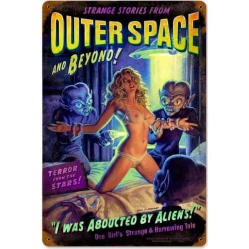Happyen Metal Sign Wall Decor Plaque Vintage Alien Abduction Pin UP Girl Sexy Women Tin Sign Garage Man Cave 12X8 Inch