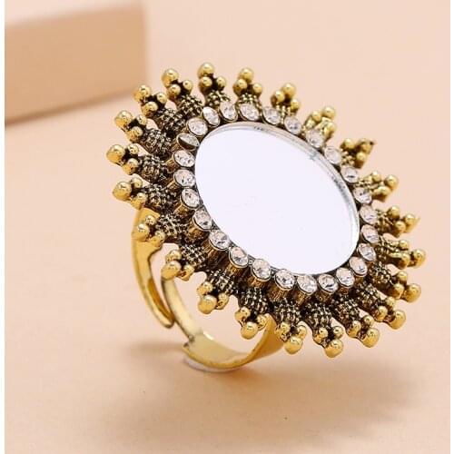 Vintage Turkish Carved Flower Finger Rings Female Jewelry Adjustable Women Gold Color Mirror Rhinestone Indian Ring Gypsy Tribal
