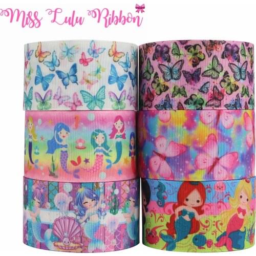 16mm-75mm Mermaid Butterfly Printed FOE Grosgrain Ribbon DIY Hair Bowknots 50yards/roll