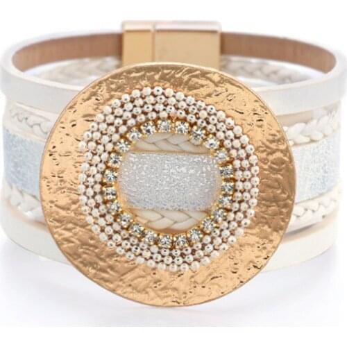 Leather Bracelets For Women Fashion Crystal Bohemian Wrap Multilayer Wide Bracelet Ladies Jewelry
